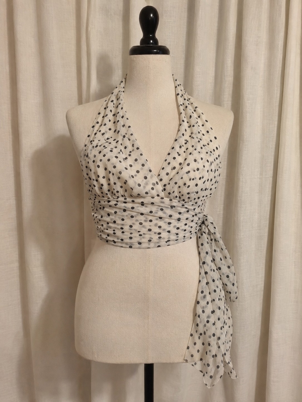 100% Silk Carmen Marc Valvo Collection Polka Dot Rhinestone Halter Top Size 6